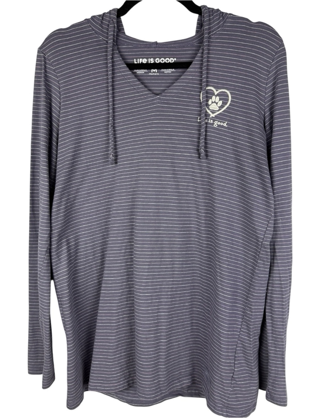 Life Is Good Crusher-Lite Striped Paw Print Heart Hoodie Top M Gray Purple